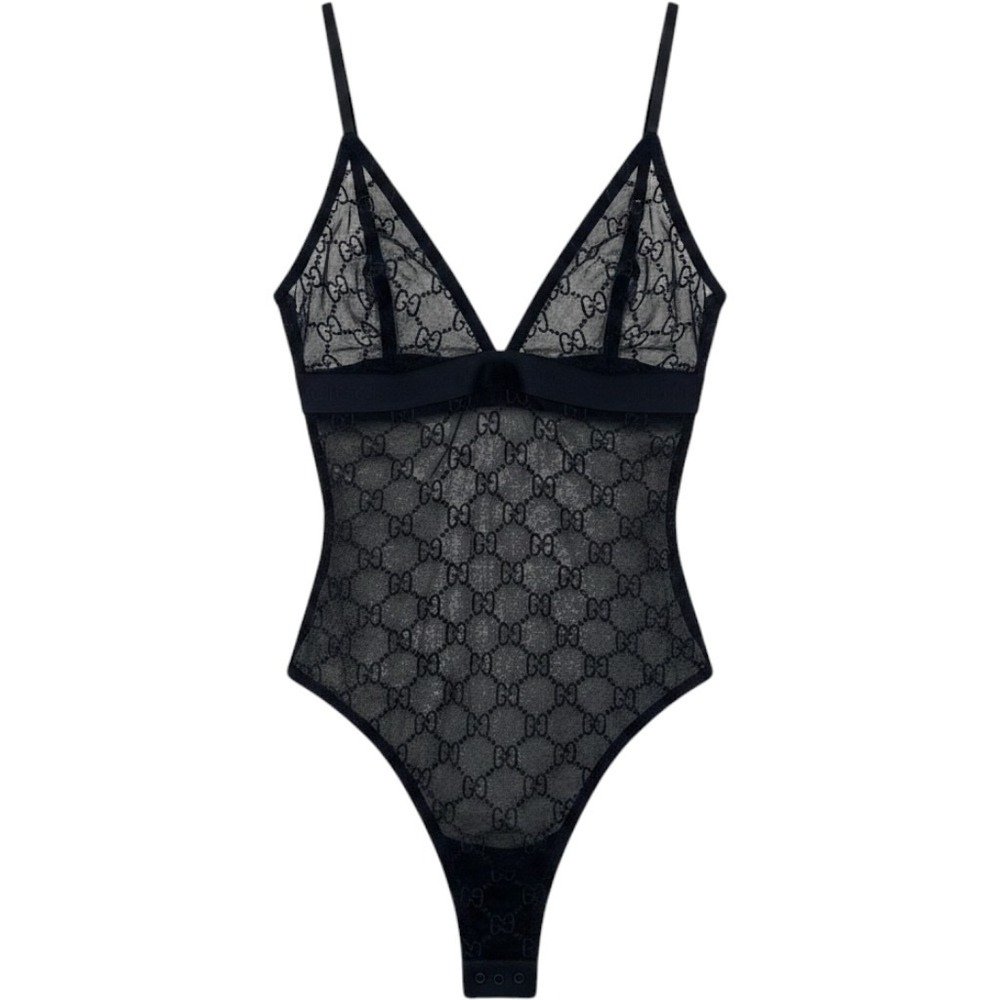 Gucci GG embroideded sheer Bodysuit Black Tulle Mesh Monogram Lingerie XL 599604